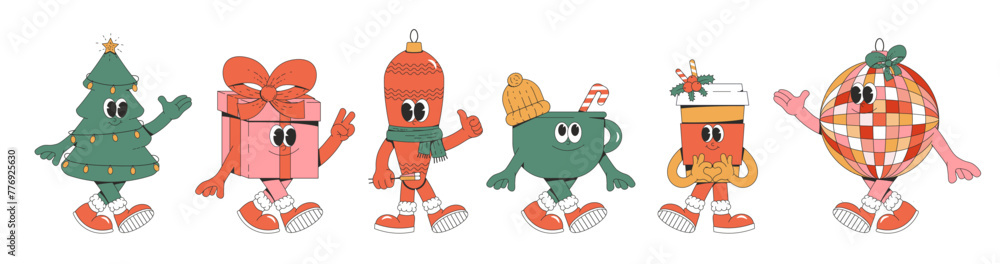 Merry Christmas and Happy New year stickers and packs. Playful and cheeky characters in trendy groovy style. Retro cartoon elements and shapes. Vector illustration Merry Christmas and Happy New year stickers and packs. Playful and cheeky characters in trendy groovy style. Retro cartoon elements and shapes. Vector illustration