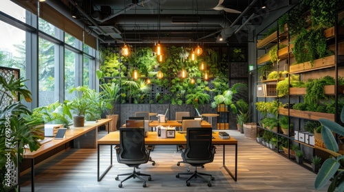 Modern Office With Tables, Office Chairs, Pendant Lights, Creeper Plants And Vertical Garden