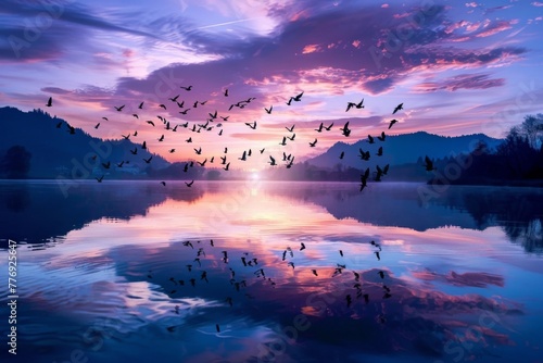 Birds Soaring at Sunrise over Tranquil Lake.  © kmmind