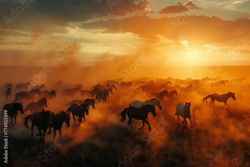 Wild Horses Running at Sunset in Dusty Plains. 