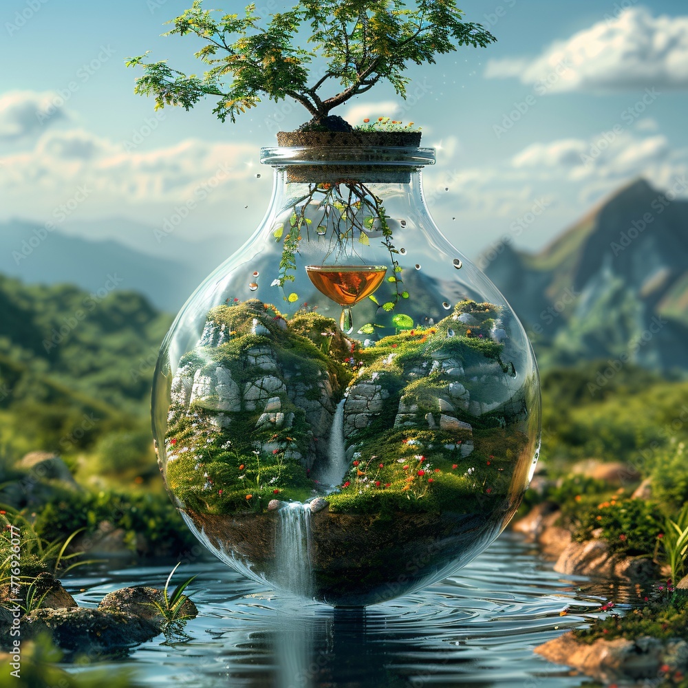 A lone tree dips its roots in water, symbolizing a world held within a garden, a microcosm of the green planet A lone tree dips its roots in water, symbolizing a world held within a garden, a microcosm of the green planet