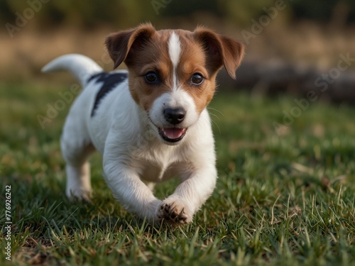 A cute white and brown Jack Russell Terrier puppy sits alert in the grass. Generative AI.