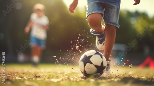 Close up children playing football : Sport. AI Generative.   © G. Tanawat