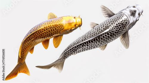 Gold and silver carp fish on white background. AI Generative.