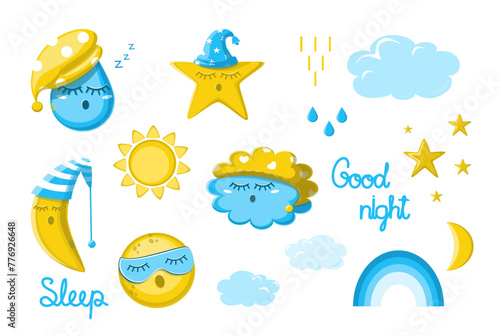 Cartoon elements of the weather. Sleeping drop  moon and stars  rainbow and fluffy clouds. Natural objects and text.