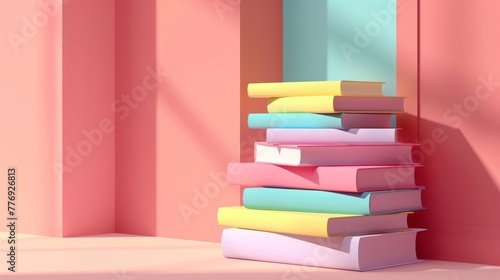 Stack of colorful books neatly arranged in front of a vibrant pink wall  creating a visually appealing composition. Teachers    Day concept. Copy space. Pastel color. 3d style imitation.