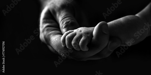 Captivating Black White Photo Baby's Hand Adult Male Gentle Embrace