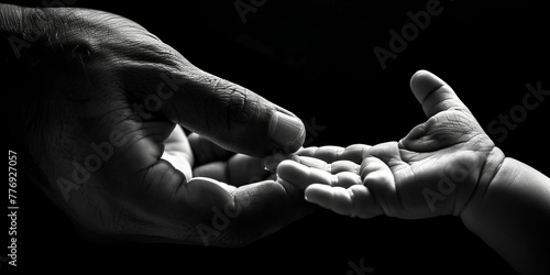 Emotive Monochromatic Scene: Adult Male Cradling Baby's Hand