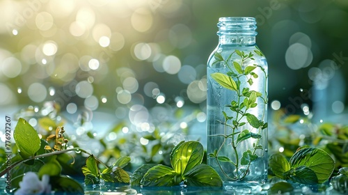 Bottle of water with green leaves isolated on white background