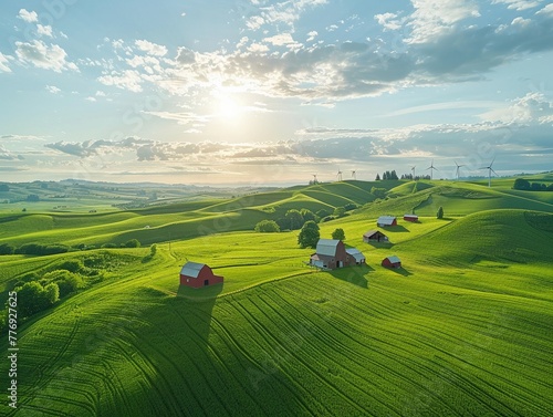 Peaceful farming communities nestled in lush green fields, with barns and windmills dotting the landscape , ultra HD photo