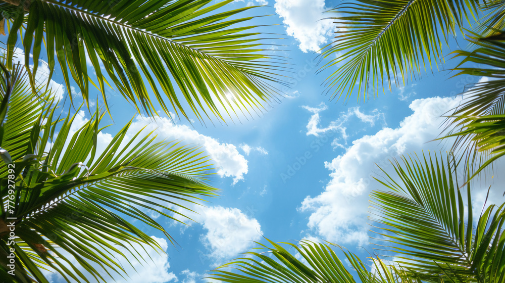 For Palm Sunday, the verdant fronds of coconut leaves form a natural frame, with the serene beauty of a cloudy blue sky in the background, embodying the tranquility and reverence of the occasion.
