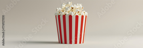 3d rendering of popcorn in a round box with red lines for advertising in the cinema and promotion, Popcorn bucket realistic pop corn container.

 photo