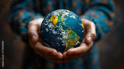child hand holding eath blur background,earth Day or enviroment protection help save the world