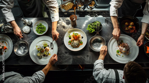 From above, witness the allure of haute cuisine with a restaurant dish that's a feast for the eyes, combining fine ingredients and artistic plating, perfect for showcasing culinary excellence. photo