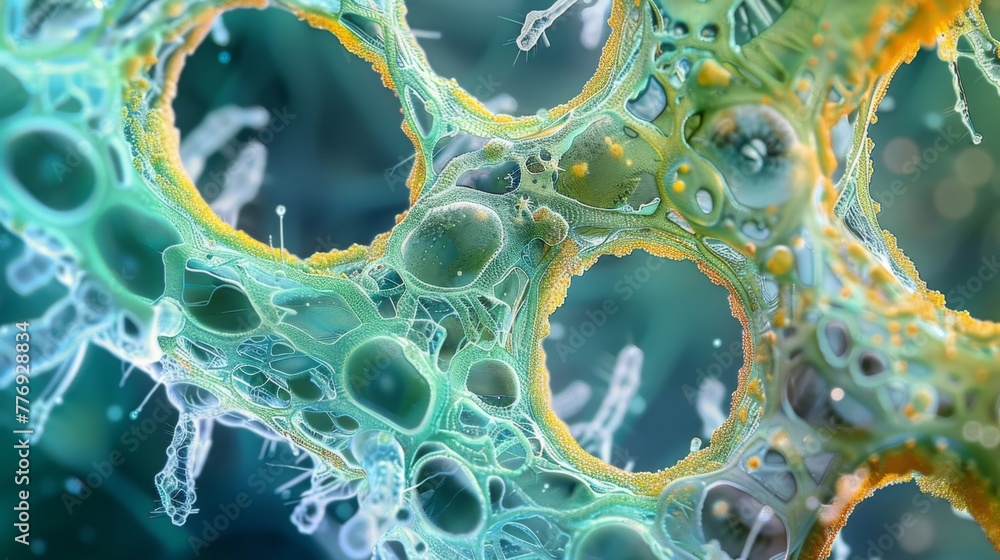 A closer look at the cell wall of a plant cell with a network of fibers