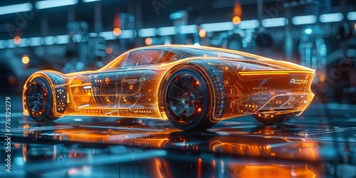 Futuristic 3D render of a sleek, holographic automotive accessory display with levitating, translucent car parts and a high-tech, interactive customization interface