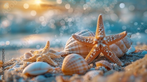 starfish and shells lie on the sand against the backdrop of the tropical sea at sunset time. Tropical Seashore