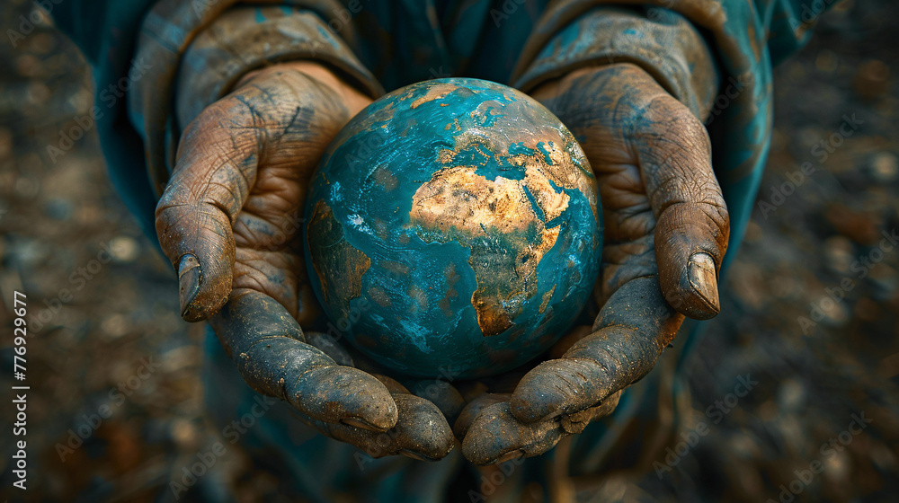 humans holding small earth with dirty hands,earth Day or environmental protection help save the world