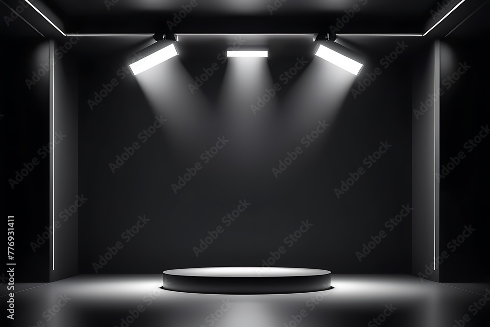 Minimalist Empty Studio Room With Spotlights On Podium With Black Wall Color, Room For Advertisement, Promotional Space, Ad Space Minimalist Empty Studio Room With Spotlights On Podium With Black Wall Color, Room For Advertisement, Promotional Space, Ad Space