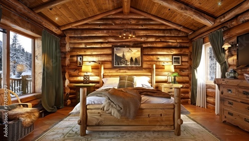 A Log Cabin Bedroom, Exuding Rustic Beauty Through Its Wood Design