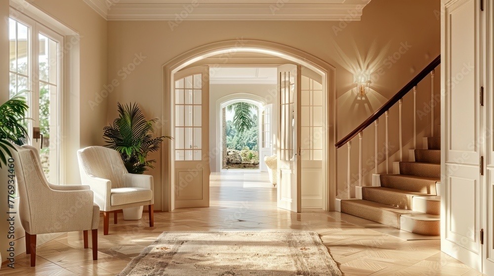 A Light-Toned Hallway, Accented with a Chair and Palm, Ushers into the Welcoming Space of the Entrance Hall A Light-Toned Hallway, Accented with a Chair and Palm, Ushers into the Welcoming Space of the Entrance Hall