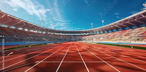 Fototapeta Naklejka Na Ścianę i Meble -  Stadium with running track, red color, stands full of spectators, blue sky, wide angle