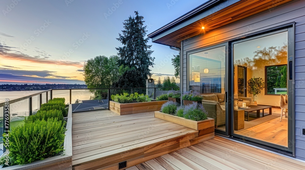 A Chic Master Deck Featuring Custom-Built Cedar Bench and Planter Boxes with Breathtaking Lake Views