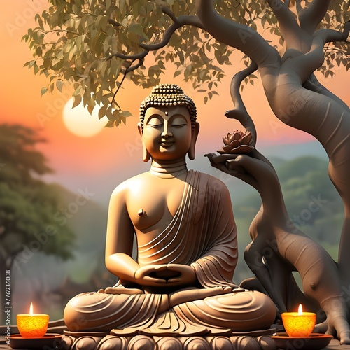 Happy vesak day or buddha purnima Buddha sitting under bodhi tree on sunset background-Magha Puja