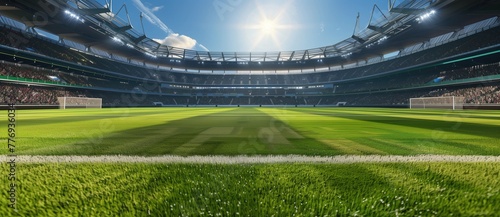 Soccer stadium with fans, stands and green grass field for football match 