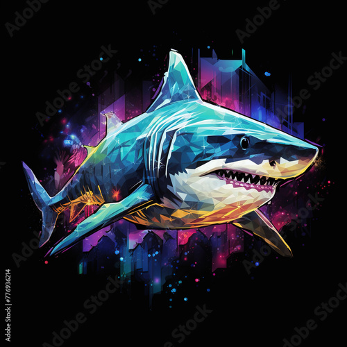 Shark with sharp teeth on black background. Undersea animals. Illustration, Generative AI. © yod67