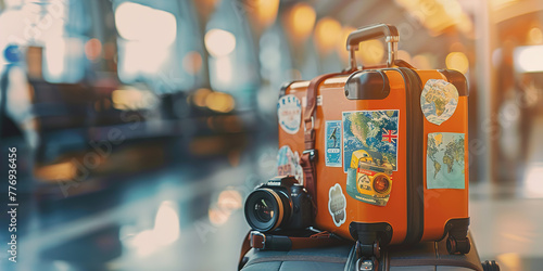 Travel luggage with camera and stickers at the airport