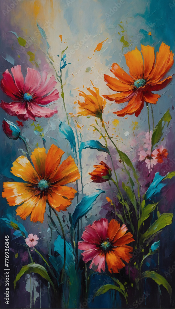 Abstract floral composition in oil paint, where the vibrant hues of flowers meld seamlessly into an expressive background.