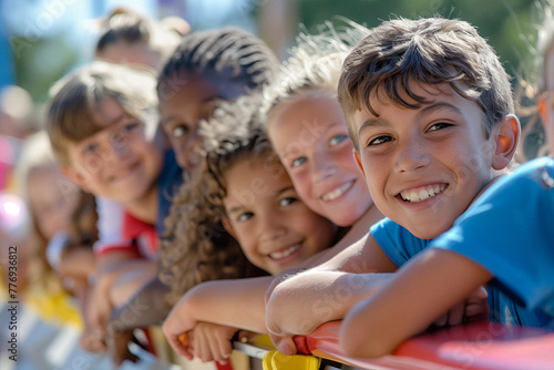 Group of Happy Diverse Children at Play. Smiling children of diverse backgrounds enjoying their time together outdoors.