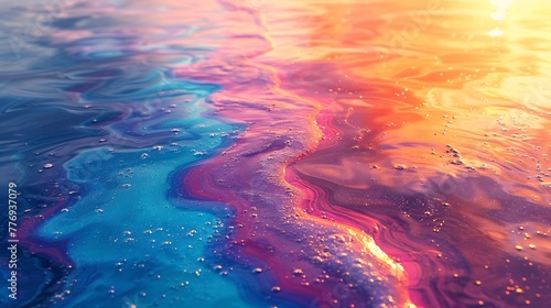 Vibrant prismatic oil spill on liquid surface.