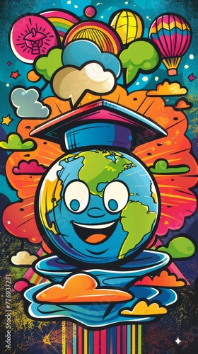 Vibrant Teachers Day poster with a cute globe character on top. Wallpaper.