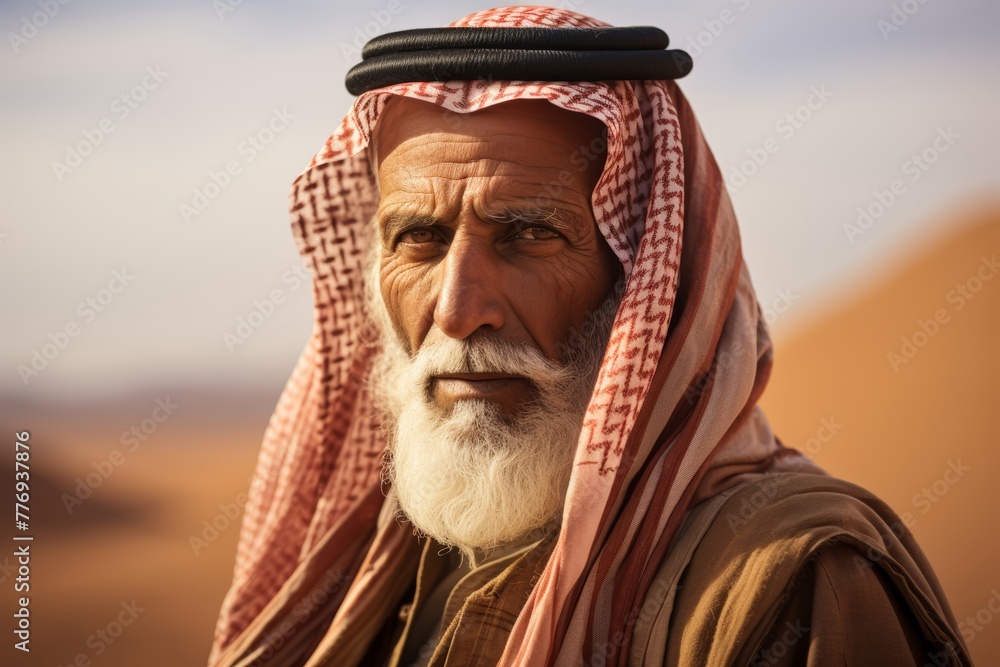 The essence of wisdom, a senior Bedouin man gazes into the distance, his pastel brown attire blending harmoniously with the sandy dunes behind him