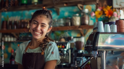 Fun event at a coffee shop with a woman smiling behind an electric blue counter