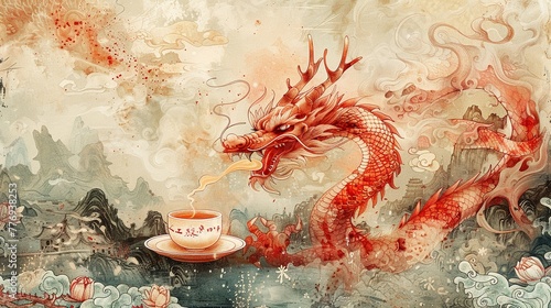 Dragon, harlem renaissance, Molecular Gastronomy, tea ceremony, floating , sci-fi tone