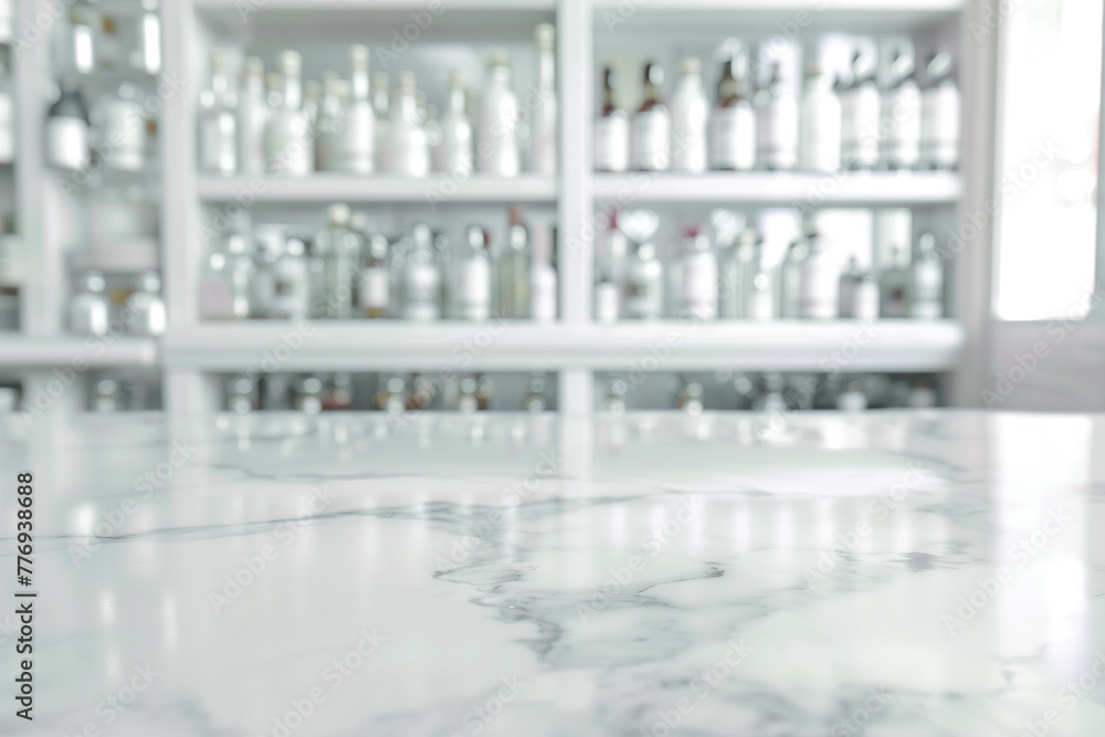 Marble table with pharmacy shelves background