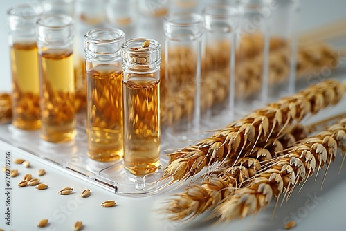 Wheat grain in petri dish and test tubes on white background