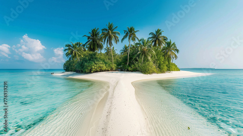 white sandy pathway leading to a lush green island with palm trees, surrounded by clear blue waters under a clear sky © AdamDiezel