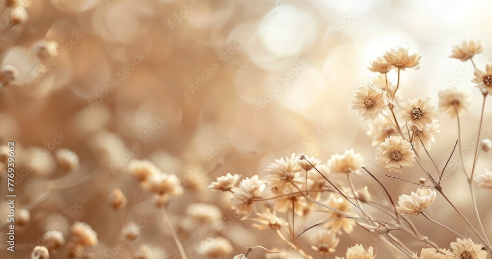 A Minimalistic Display of Dried Flowers Against a Softly Blurred Beige Background with copy space