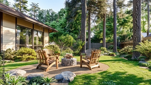 A Peaceful Backyard Oasis Outfitted with Chairs Amidst Towering Pine Trees