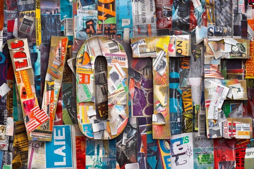 
Close-up shot of VOTE letters cut out from magazines and arranged in a collage style
