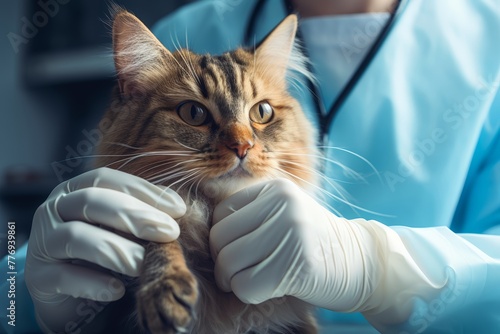 
Close-up photo of a cat receiving a check-up at the veterinary clinic, with the veterinarian's hands in rubber medical gloves in the foreground