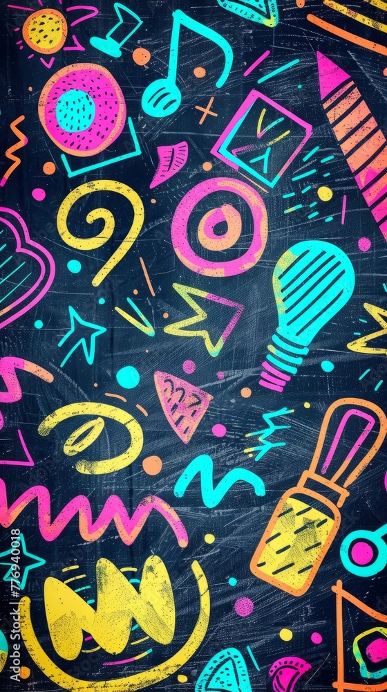 A blackboard filled with vibrant and playful doodles in celebration of Teachers Day, showcasing a Pop Art style. Neon color wallpaper. A blackboard filled with vibrant and playful doodles in celebration of Teachers Day, showcasing a Pop Art style. Neon color wallpaper.