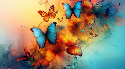 A colorful butterfly painting with three blue butterflies and two orange butterflies. The butterflies are flying in the air and the background is a mix of colors. The painting has a vibrant.