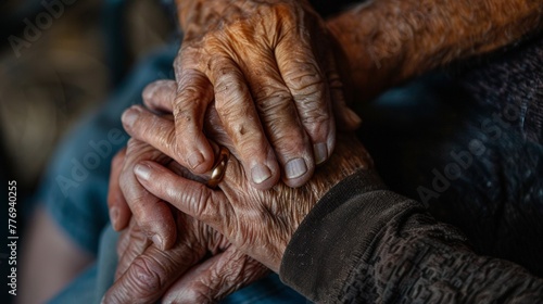 Two elderly people are holding hands, one of them wearing a ring