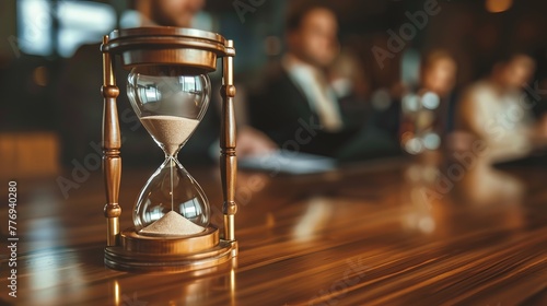 A vintage hourglass on a conference table, its sand slowly trickling down, signifying time constraints