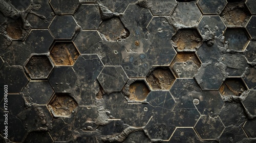 Honeycomb etched onto an ancient stone surface, weathered and faded